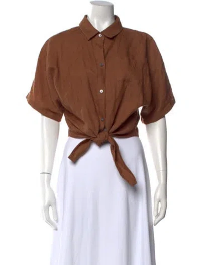 Pre-owned Hevron Linen Short Sleeve Button-up Top In Brown