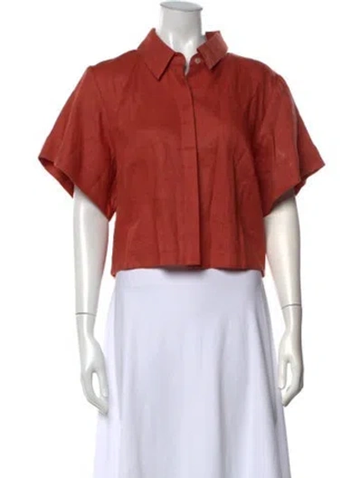 Pre-owned Hevron Linen Short Sleeve Button-up Top In Orange