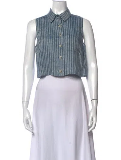 Pre-owned Hevron Linen Striped Button-up Top In Blue