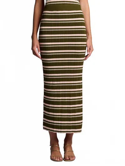 Hevron Peony Midi Knit Skirt In Olive Stripe In Green