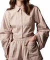 Hevron Raquel Long Sleeve Button Front Top In Blush Stripe In Neutral
