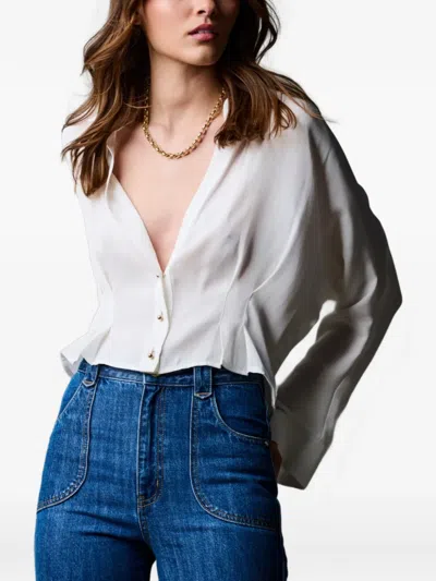 Hevron Regine Cropped Silk Blouse In White