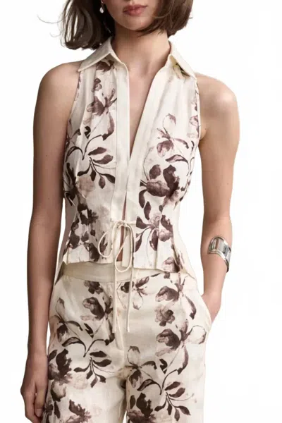 Hevron Sloan Linen Vest In Painted Flower Chocolate In Multi