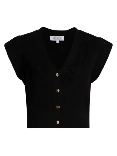 Hevron Women's V-neck Button-front Knit Top In Black