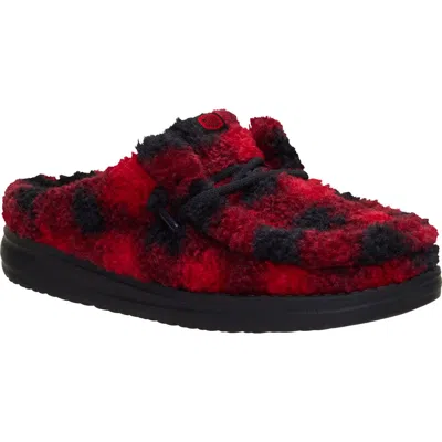 Hey Dude Kids' Wally Buffalo Plaid Faux Fur Slipper In Red