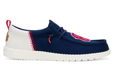 Pre-owned Hey Dude Men's  Wally Funk Mlb Boston Red Sox Sneakers In Navy Blue/white