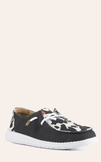 Hey Dude Women's Wendy Animal Black And White Cow Print Moc Toe Lace Up Casual Shoes