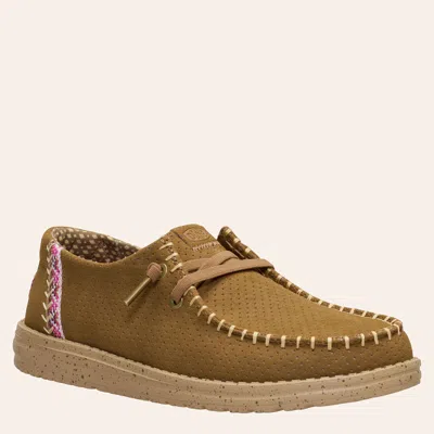 Hey Dude Women's Wendy Classic Micro Perf Malt Brown Faux Suede Moc Toe Shoes