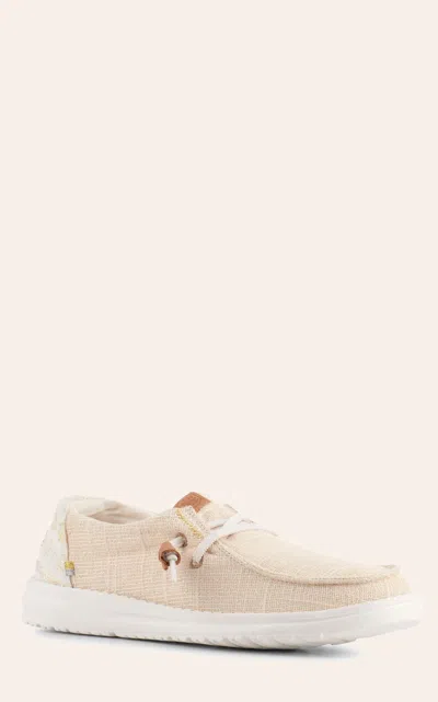 Hey Dude Women's Wendy Slub Baja Stripe Tan And Silver Metallic Moc Toe Lace Up Casual Shoes In Brown