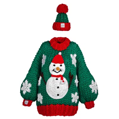 Heyays Women's Green Snowman Hand-knitted Sweater With Chunky Beanie