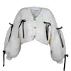 Heyays Women's White Black Bow Hand-knitted Cardigan In White