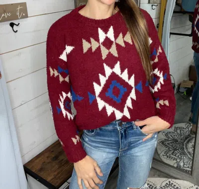 Heyson Aztec Soft Fuzzy Sweater Top In Red Multi