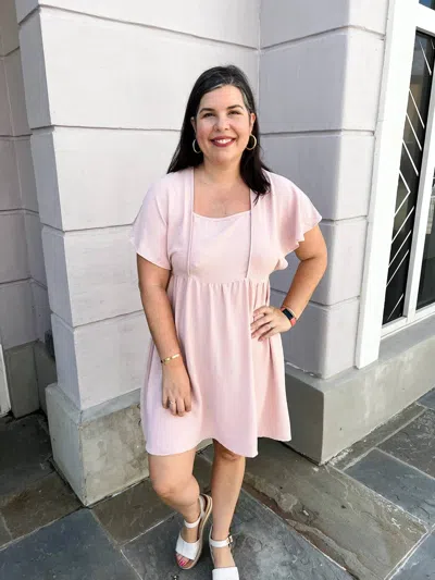 Heyson Crinkled Square Neck Flutter Sleeve Dress In Baby Pink