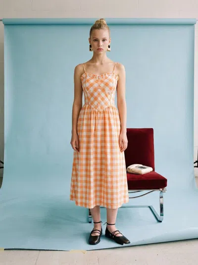 Heyson Gingham Ruffle Trim Midi Sundress In Tangerine/ivory In Orange