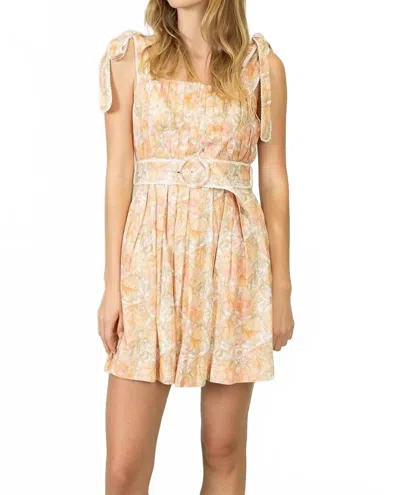 Heyson Linen Print Crochet Trim And Pleated Belt Mini Dress In Ivory/peach In Transparent