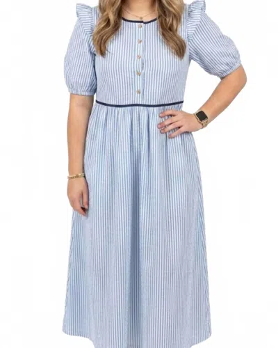 Heyson Seersucker Stripe Pintucked Bow Back Midi Dress In Blue/off White