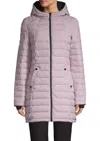 Hfx Scuba Stretch Active Hooded Puffer Coat In Lilac/charcoal In Multi