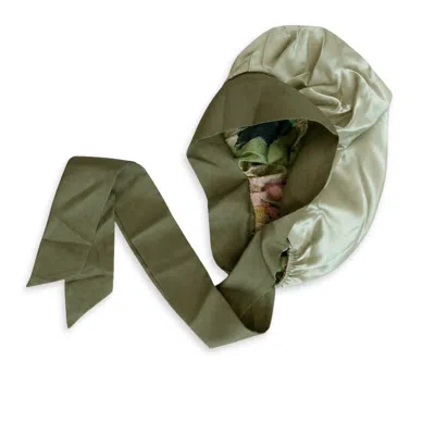 Hi Silk Women's Green & Patterned Adjustable And Reversible Mulberry Silk Bonnet With Green Silk Twill Tie