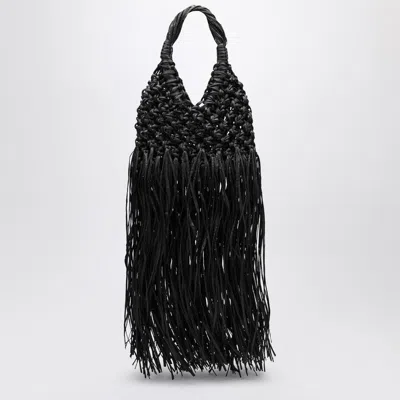 Hibourama Black Vannifique Fringes Bag In Leather And Raffia
