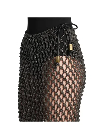 Hibourama Crystal Woven Fringed Midi Skirt In Black