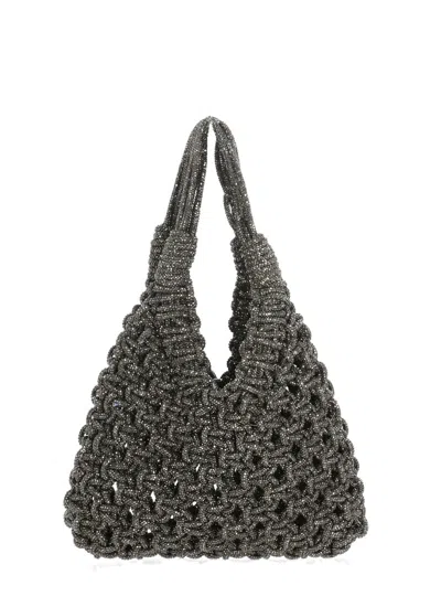 Hibourama Intricate Grey Hematite Jewelry Bag With Woven Crystal Design In Gray