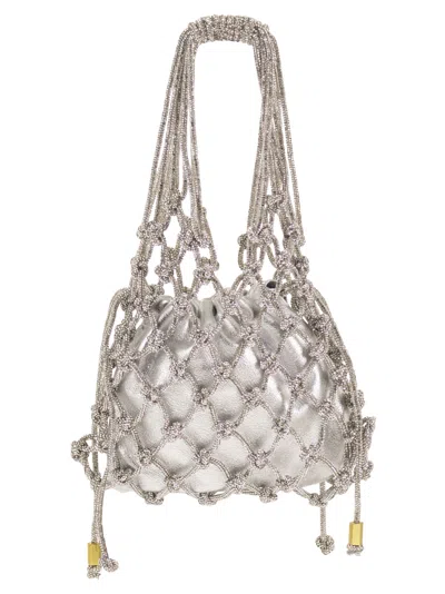 Hibourama Mini Satin Handbag With Crystal Mesh In Silver