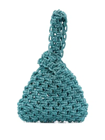 Hibourama Triangular Beaded Handbag With Intricately Woven Handle In Green