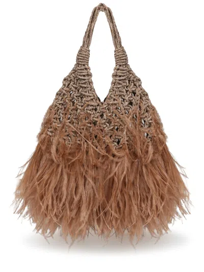 Hibourama Openwork Resin And Ostrich Feather Tote Bag In Brown