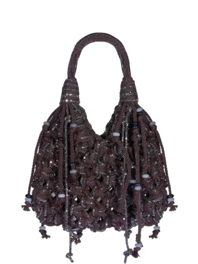 Hibourama Vannifique Beaded Crochet Shoulder Bag In Brown