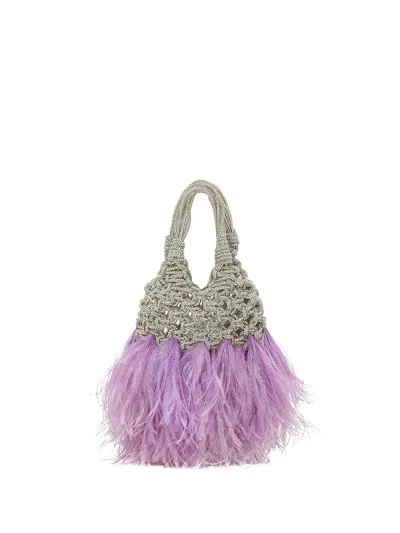 Hibourama Vannifique Handbag In Woven Raffia With Feathers In Purple