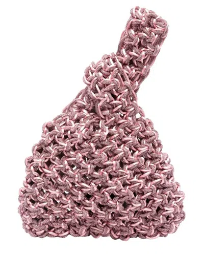 Hibourama Woven Satin Handbag With Crystal Details And Knot Closure In Pink