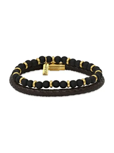 Hickey Freeman Men's 2-piece 18k Yellow Goldplated Sterling Silver, Black Lava & Leather Beaded Bracelet Set