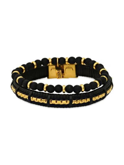 Hickey Freeman Men's 2-piece Black Lava & Leather Beaded Bracelet Set In Gold Black