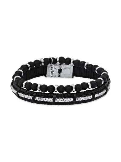 Hickey Freeman Men's 2-piece Black Lava & Leather Beaded Bracelet Set In Silver Black