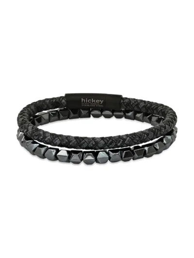 Hickey Freeman Men's 2-piece Hematite & Vegan Leather Bracelet Set In Black