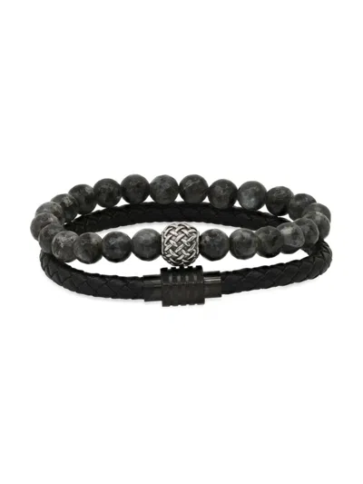 Hickey Freeman Men's 2-piece Oxidized Stainless Steel, Hematite, Obsidian Bead & Leather Bracelet Set In Neutral