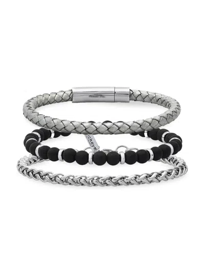 Hickey Freeman Men's 3-piece Leather, Stainless Steel & Bead Bracelet Set In Neutral