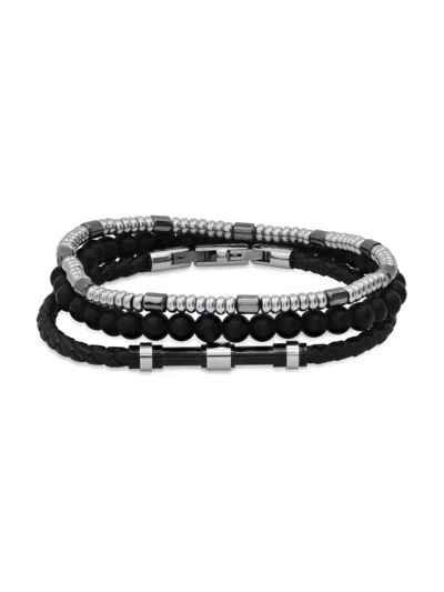 Hickey Freeman Men's 3-piece Stainless Steel, Hematite, Lava Bead & Leather Bracelet Set In Neutral