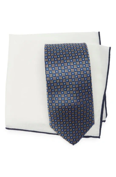 Hickey Freeman Neat Silk Tie And Pocket Sqare Gift Set In Navy/ Yellow