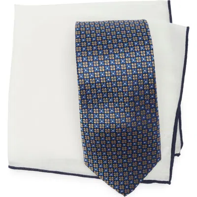 Hickey Freeman Neat Silk Tie And Pocket Sqare Gift Set In Navy/yellow