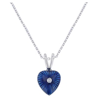 Pre-owned Hidalgo 18 Karat White Gold 0.01 Carat Diamond Blue Enamel Heart Necklace