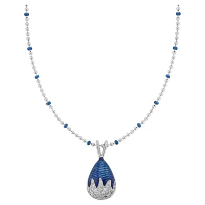 Pre-owned Hidalgo 18 Karat White Gold 0.29 Carat Diamond Blue Enamel Egg Necklace