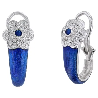 Pre-owned Hidalgo 18 Karat White Gold Blue Enamel 0.48 Carat Diamond Flower Clip Earrings