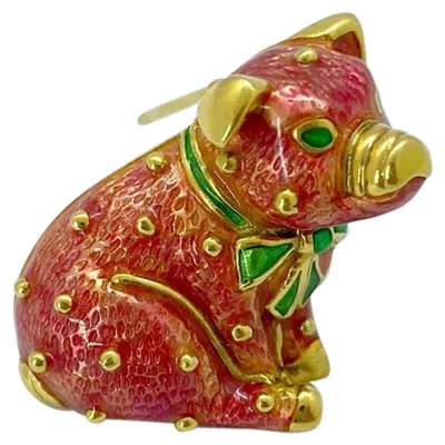 Pre-owned Hidalgo 18 Karat Yellow Gold And Pink Enamel Pig Brooch