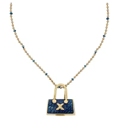 Pre-owned Hidalgo 18 Karat Yellow Gold Blue Enamel Handbag Necklace