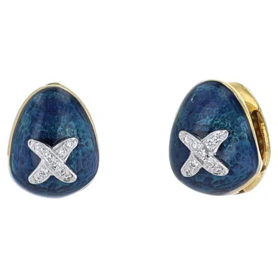 Pre-owned Hidalgo 18 Karat Yellow Gold Blue Enamel Huggie Earrings