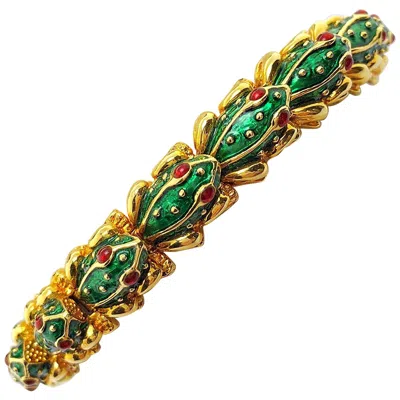 Pre-owned Hidalgo 18 Karat Yellow Gold, Green Enamel And Ruby Frog Bracelet