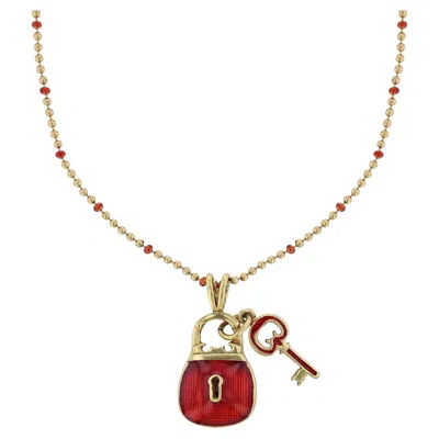 Pre-owned Hidalgo 18 Karat Yellow Gold Lock & Key Red Enamel Necklace