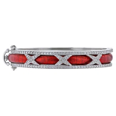 Pre-owned Hidalgo 18k White Gold Diamond Jacket With Red Enamel Insert Bangle Set