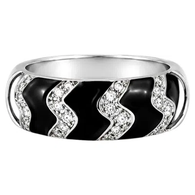 Pre-owned Hidalgo 18k White Gold  Diamond Zigzag Enamel Wedding Band Ring